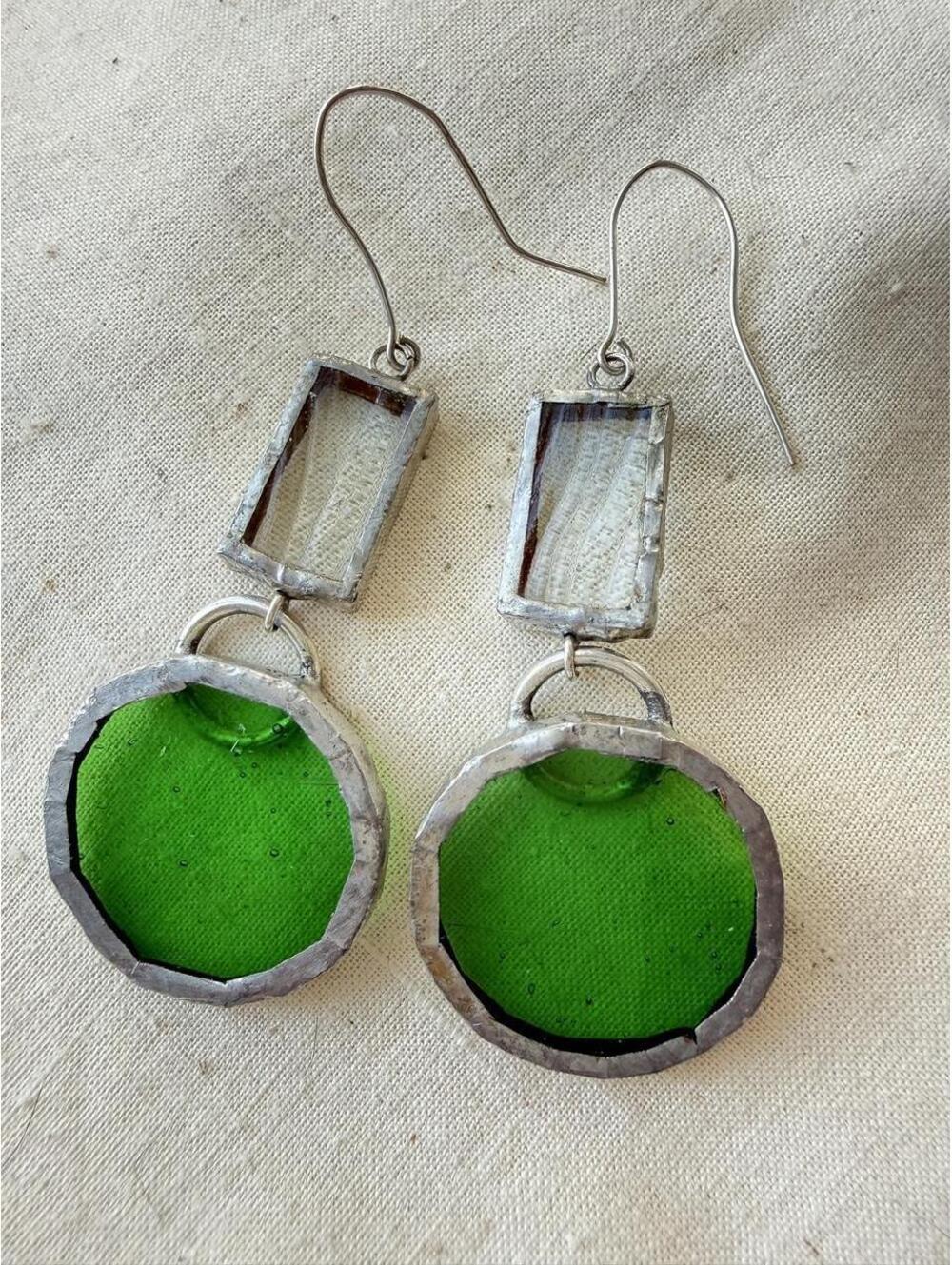 Handmade Green Soldered Glass Geometric Dangle Earrings